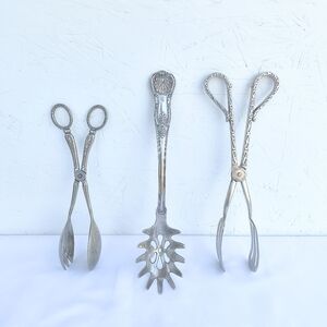 VINTAGE | 3 PC Silver Plated Scissor Tongs & Sheffield's Kings Pasta Spoon